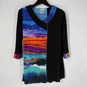 Parsley & Sage Womens Abstract Landscape Tunic Top Size L Black Embroidered Art